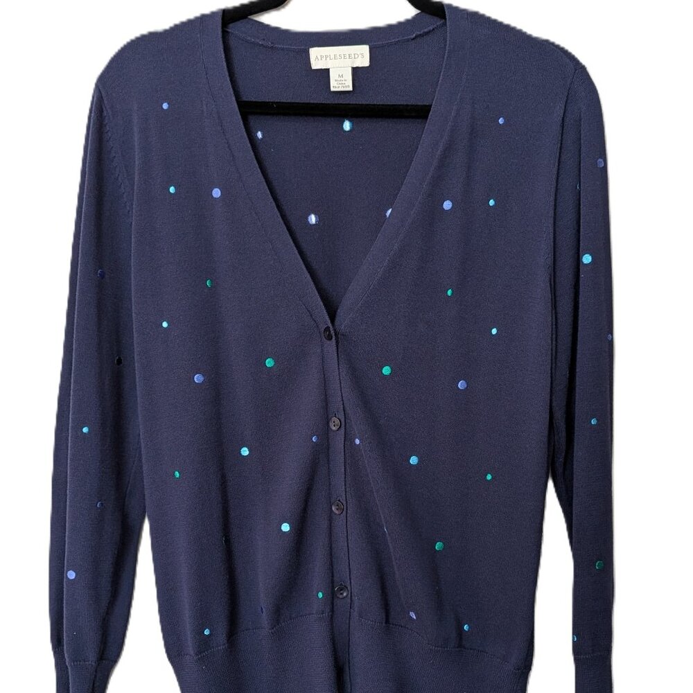 Appleseed’s Women's Navy Blue Polka Dot Button Front Cardigan Sweater.  Size Med